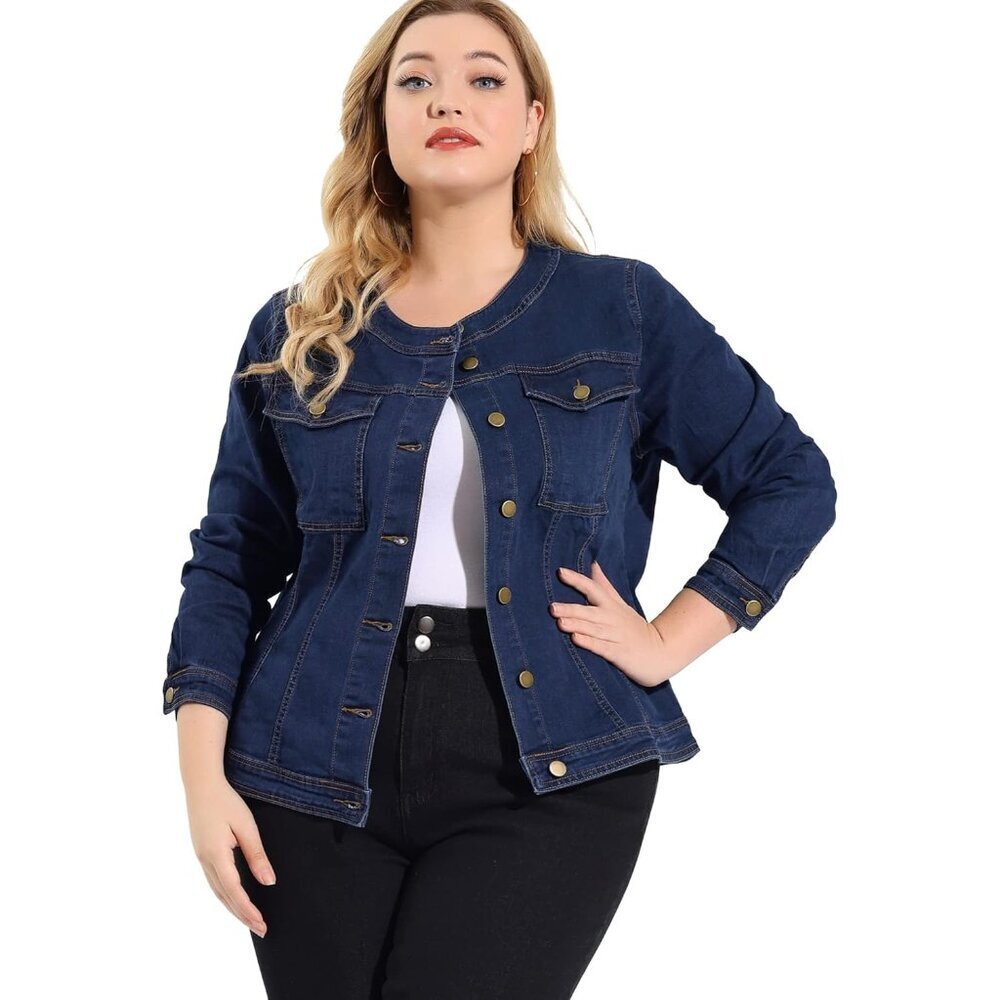 Plus Size Denim Jacket Womens Collarless Long Sleeve Button Down Casual